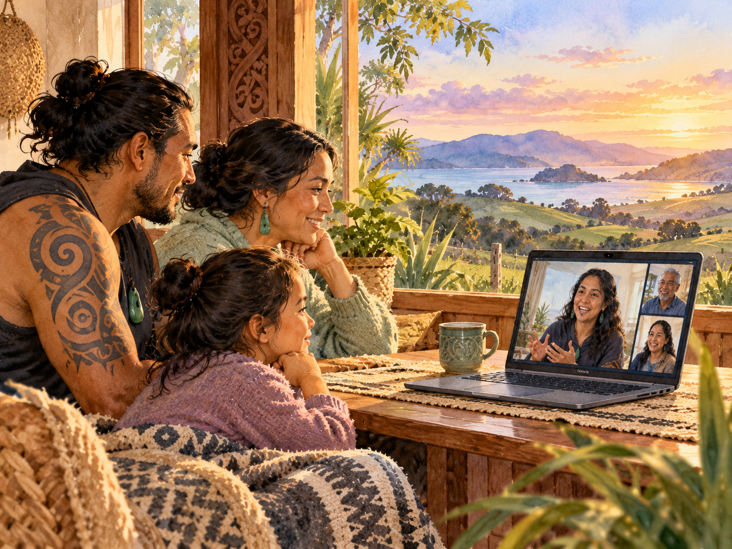 Semi-realistic watercolour of Māori whānau connecting with a group by online video from a rural home