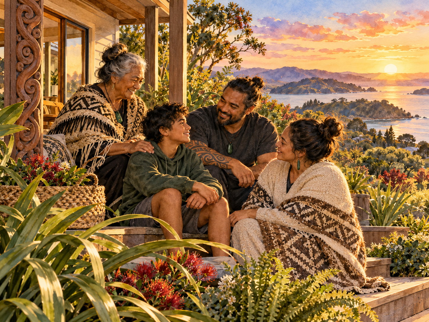 Semi-realistic watercolour Māori parents and whānau members sharing support across generations