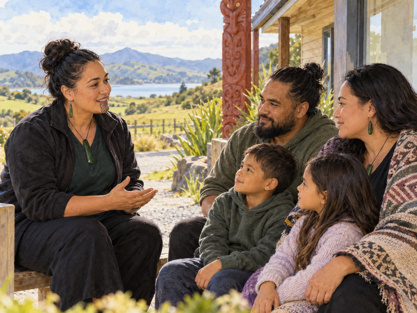 Māori health worker talking with whānau outside a rural health facility