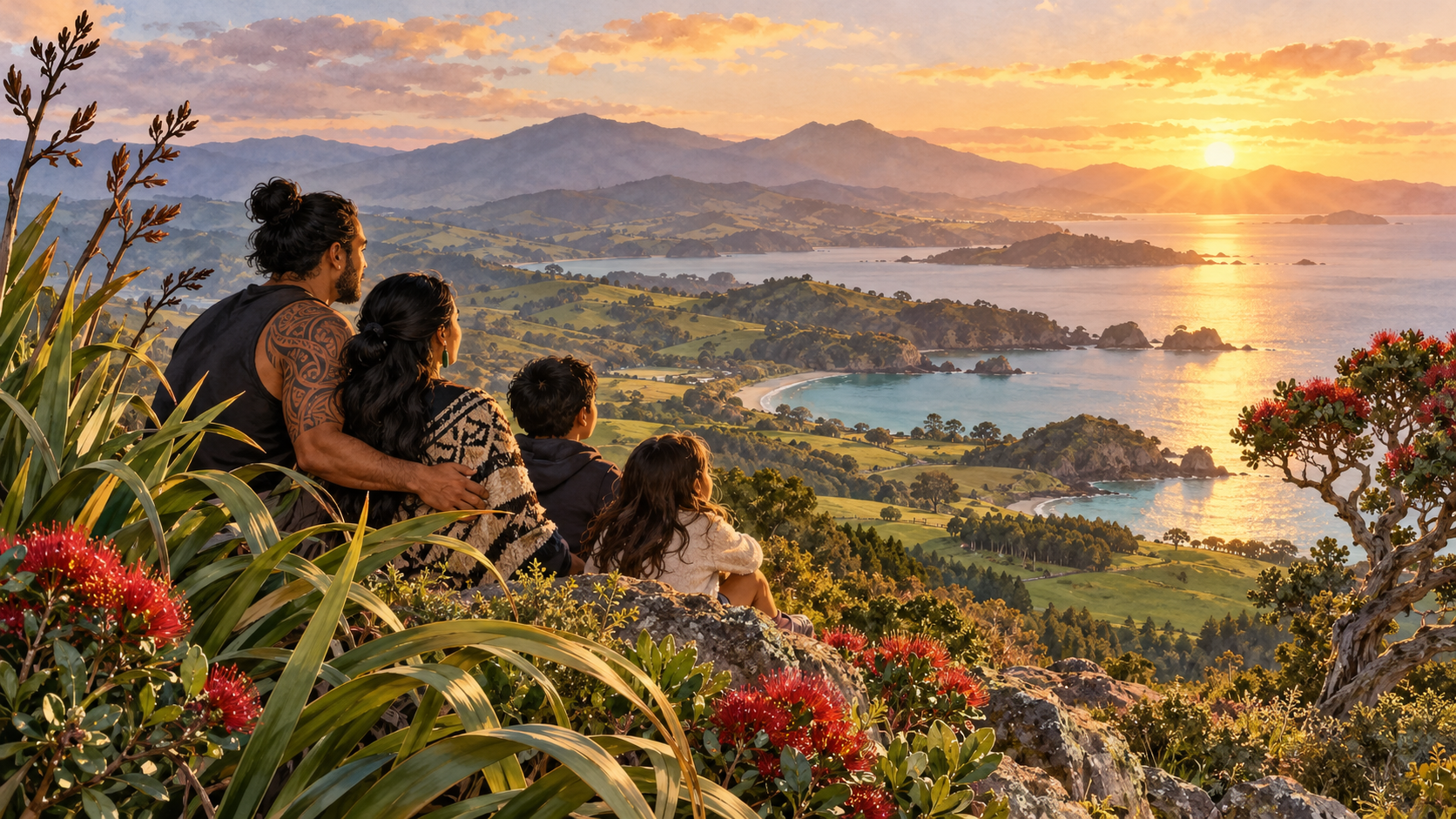 Watercolour scene of Māori whānau overlooking a rural Aotearoa coastal landscape