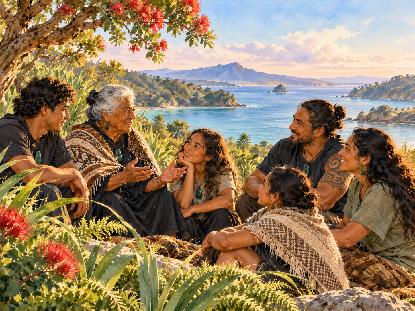 Semi-realistic watercolour of intergenerational Māori whānau sharing kōrero