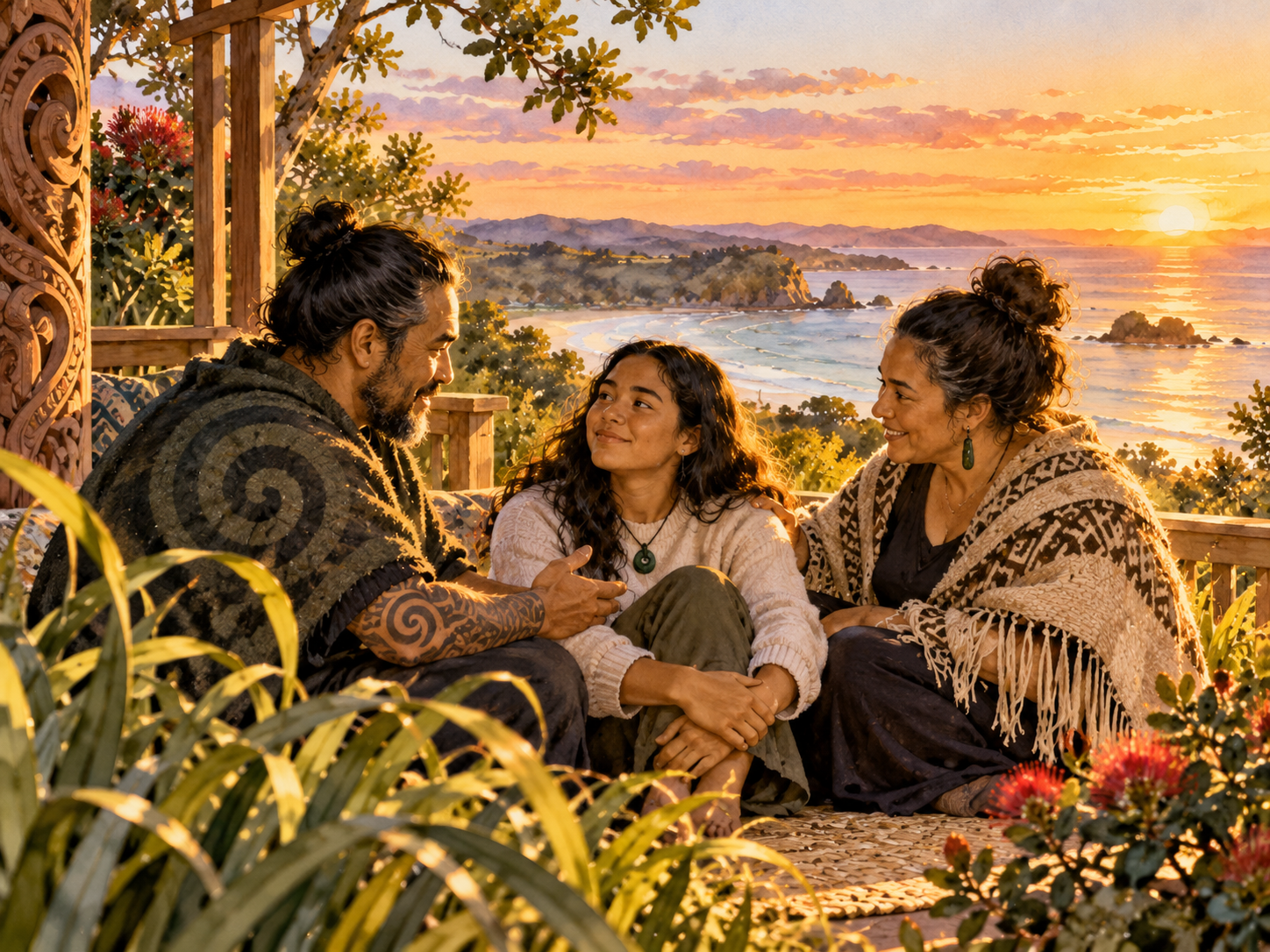 Semi-realistic watercolour Māori whānau sharing a warm and supportive conversation near the coast