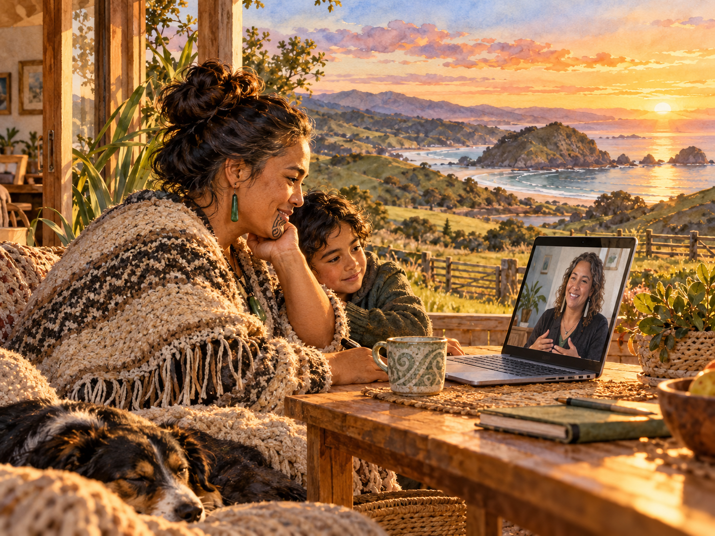 Semi-realistic watercolour image of whānau speaking with a mental health professional through a laptop from a rural home