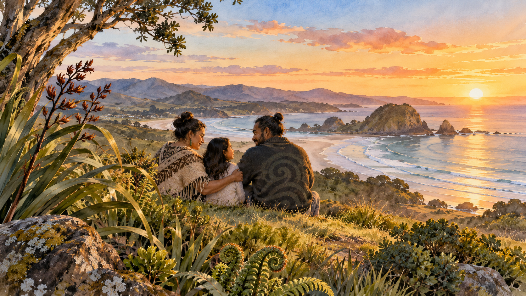 Semi-realistic watercolour scene of Māori whānau overlooking a New Zealand coastal bay at sunset