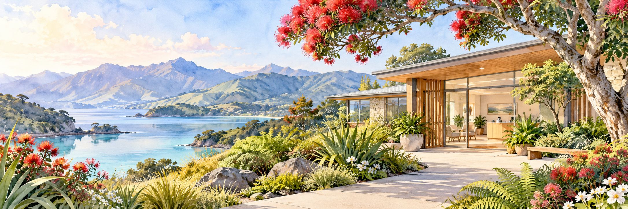 Watercolour illustration of a welcoming clinic in a green New Zealand coastal landscape