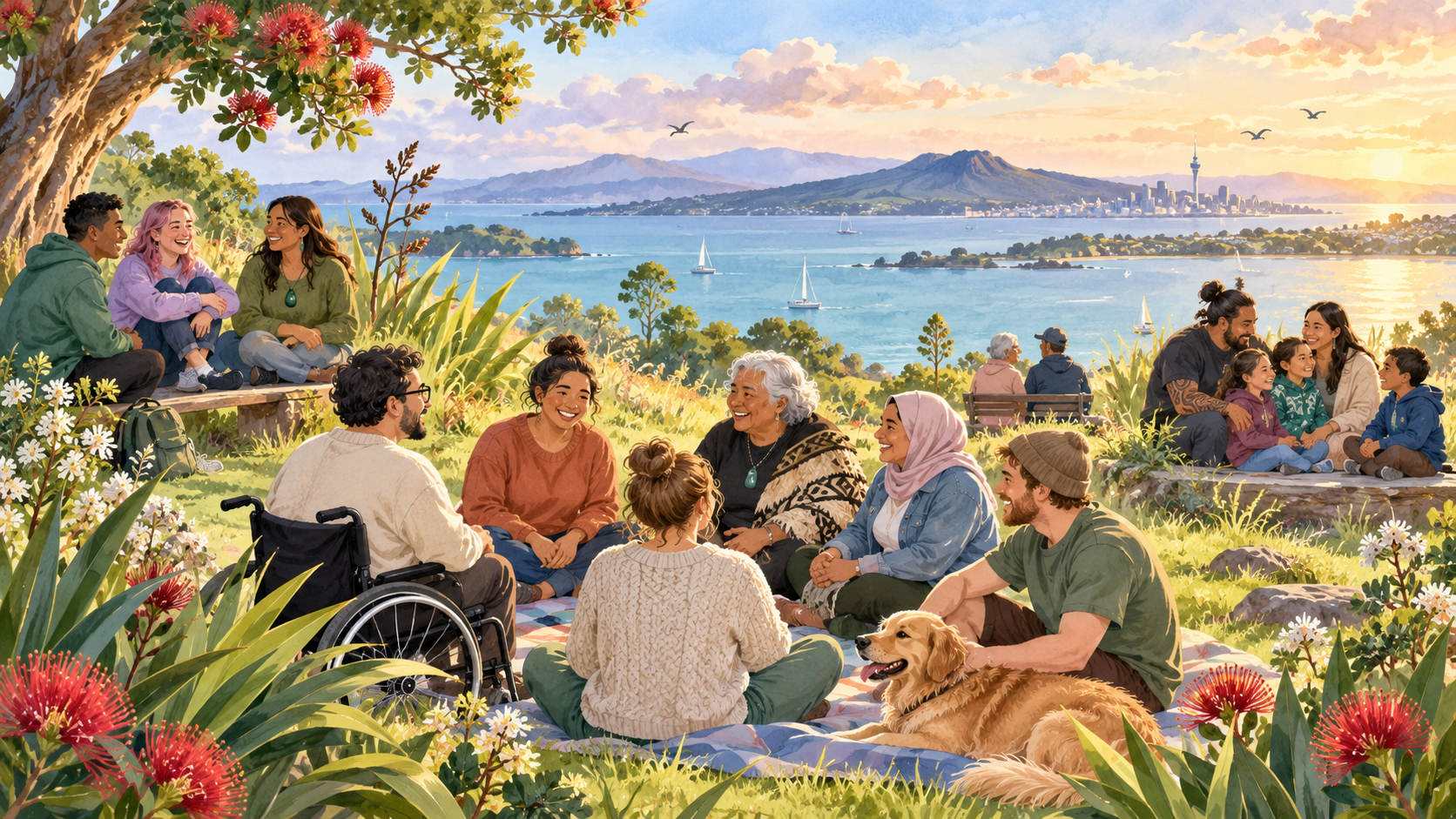 Watercolour illustration of diverse people connecting in supportive groups in a New Zealand coastal garden