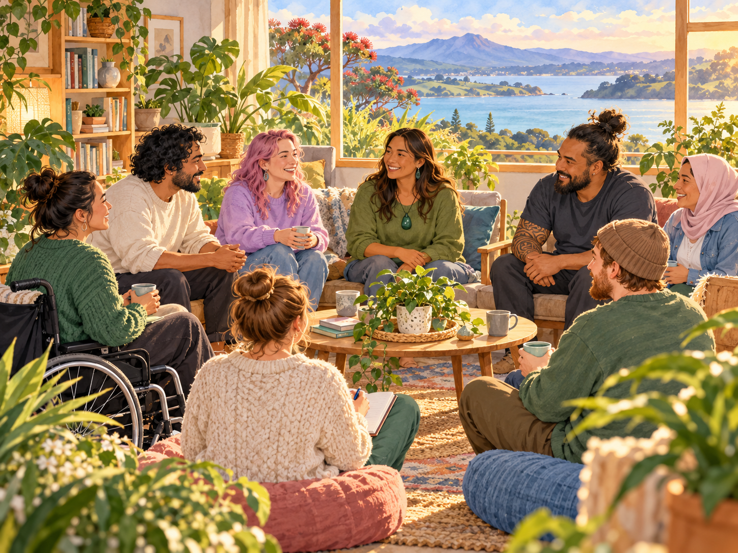 Watercolour scene of adults in a welcoming peer support discussion by the coast