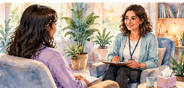 Watercolour scene of a counsellor listening to a client in a welcoming consultation room