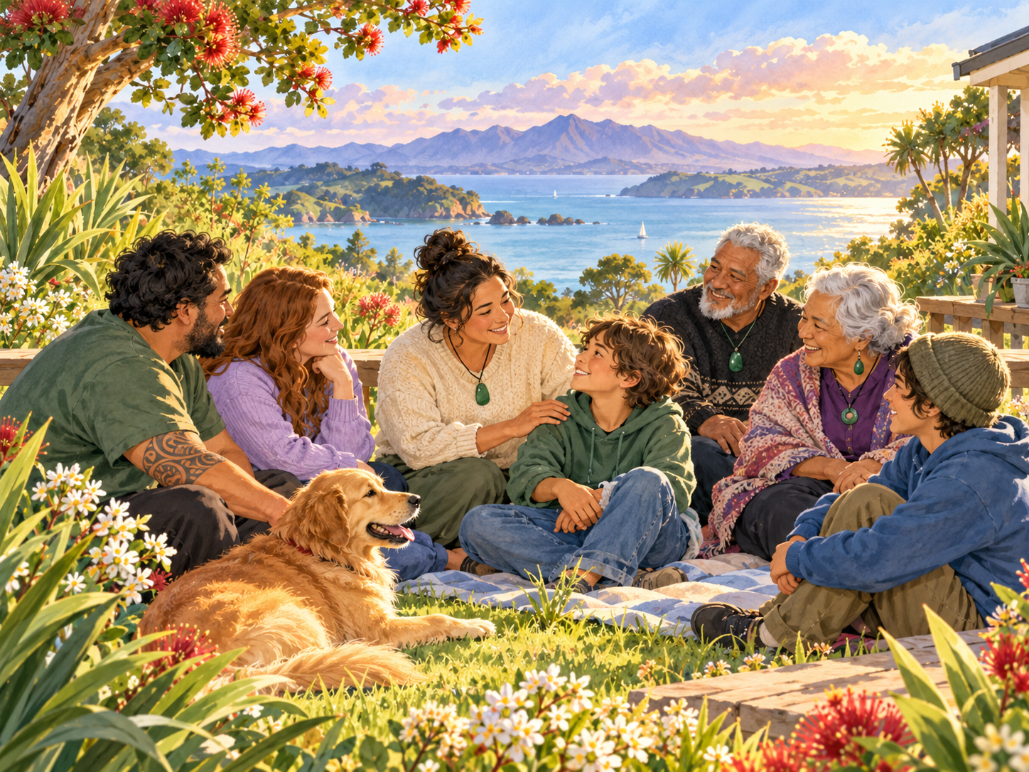 Watercolour illustration of a multigenerational family and friends sharing a supportive conversation