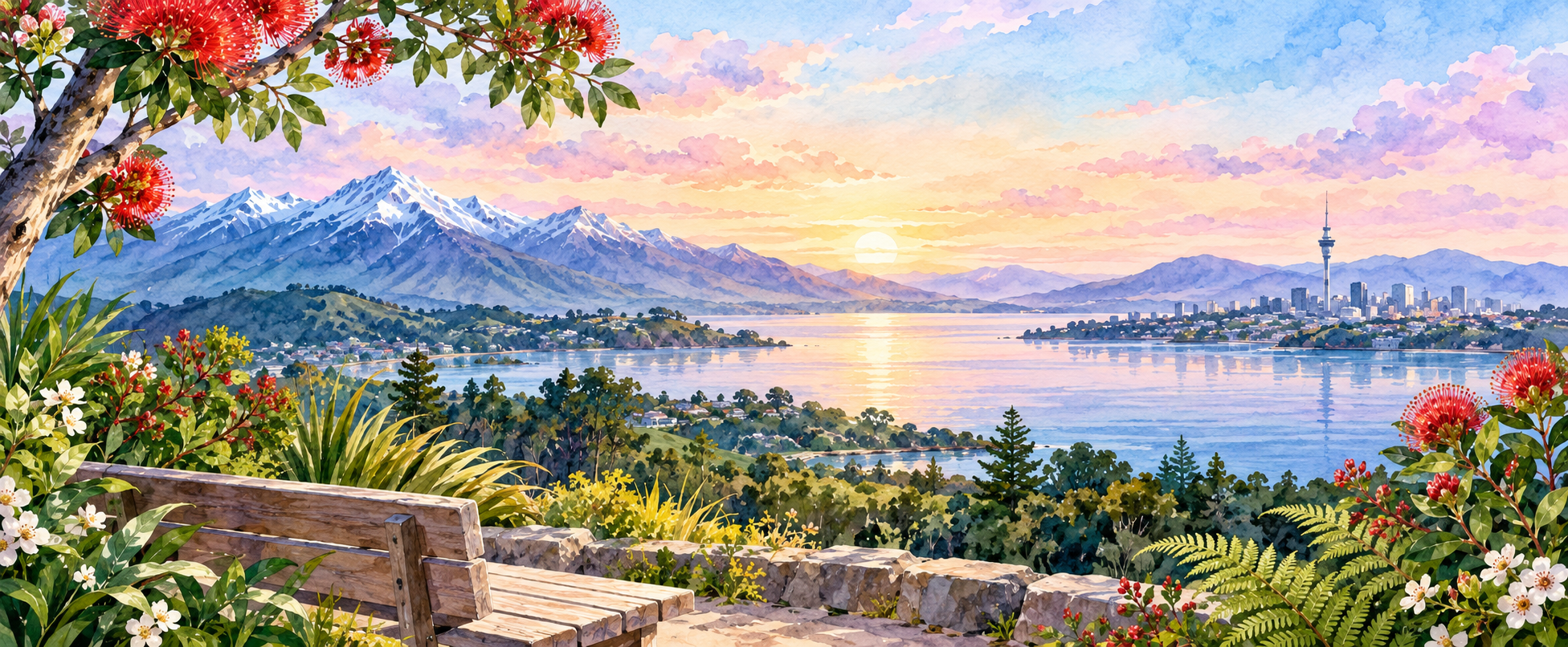 Watercolour New Zealand coastal landscape with flowering pōhutukawa, mountains, harbour and a calm sunset