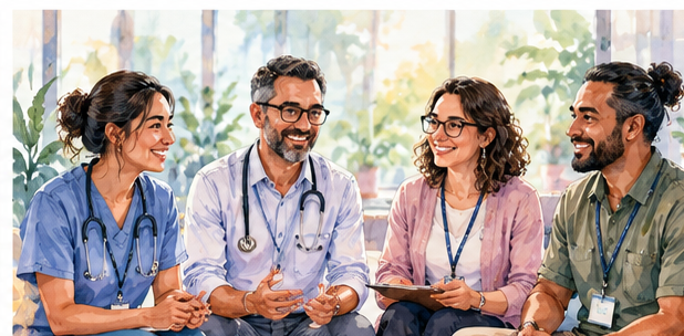 Watercolour illustration of a diverse team of healthcare professionals