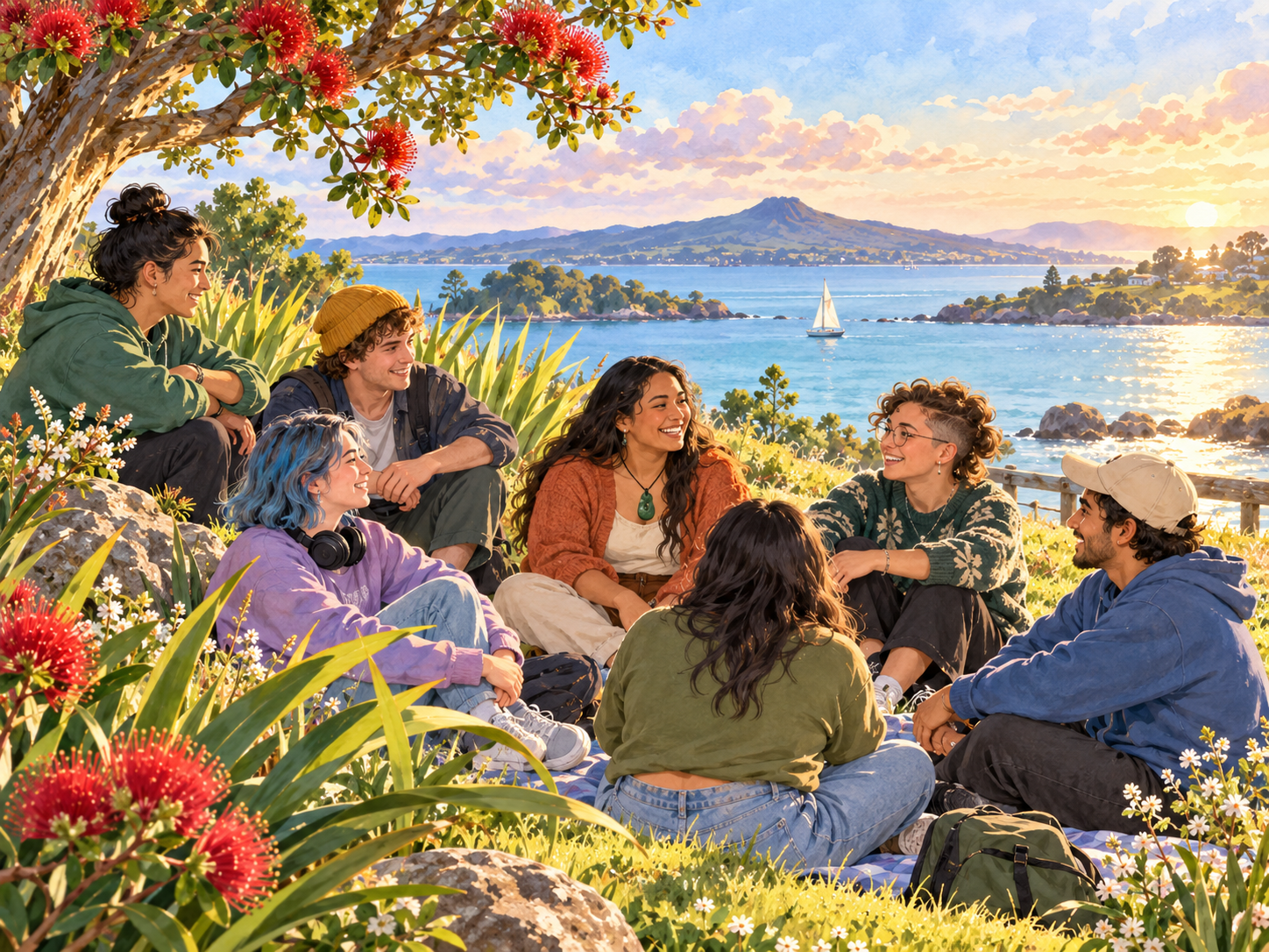 Watercolour illustration of young adults talking together in a friendly outdoor group