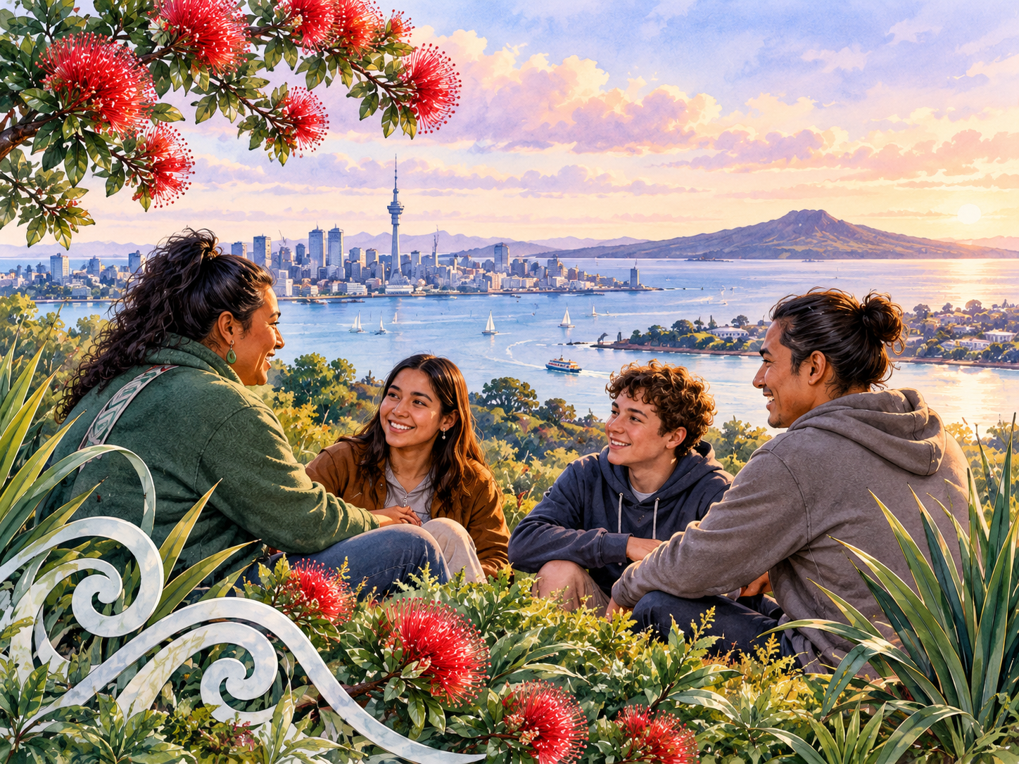 Community members supporting one another beside a harbour