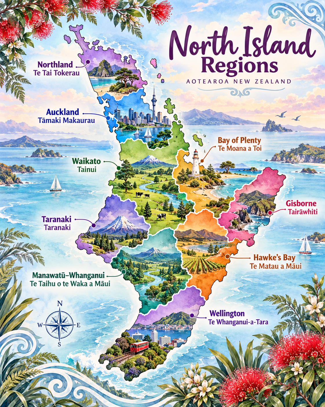Decorative illustrated North Island map; use the accessible region controls for accurate navigation
