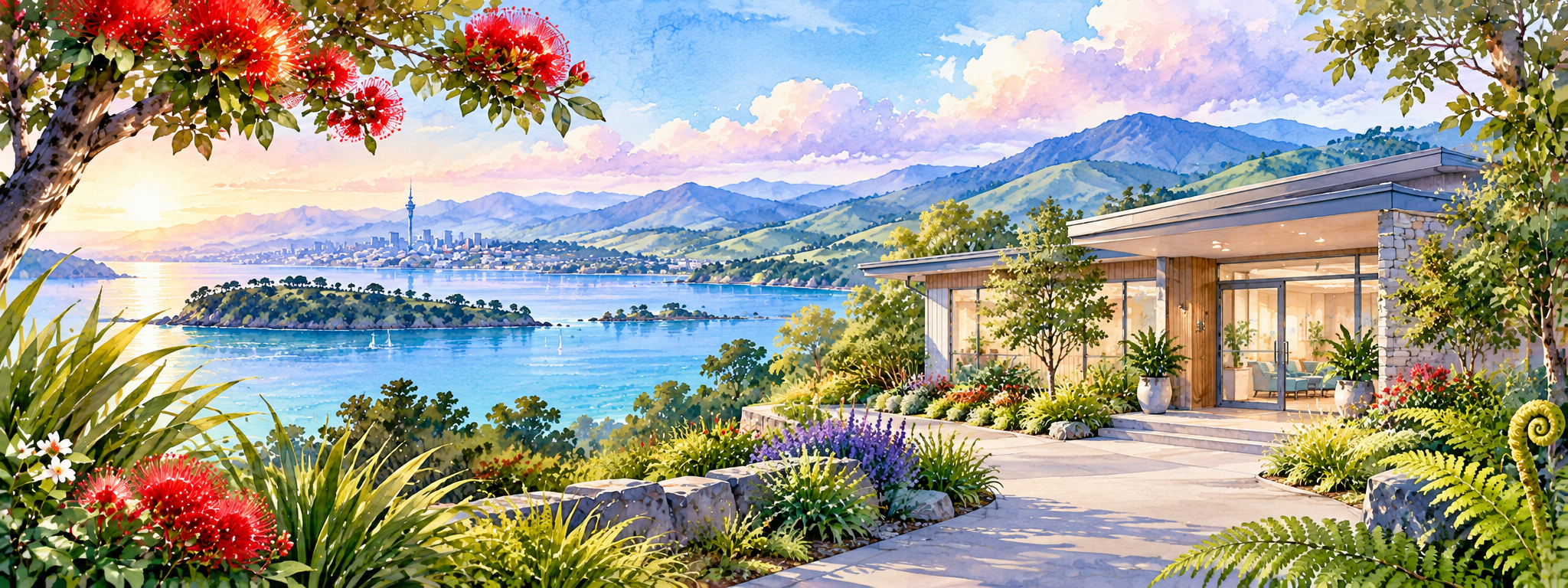 Watercolour coastal New Zealand landscape with a welcoming healthcare building, native plants and a peaceful bay