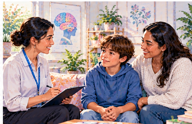 Watercolour illustration of a clinician speaking with a young person and parent