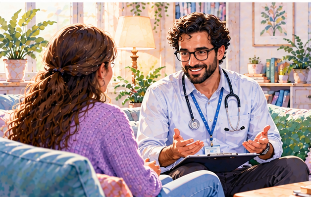 Watercolour illustration of a psychiatrist speaking with an adult in a calm consultation room