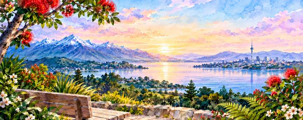 Pastel watercolour New Zealand coastal landscape, pōhutukawa flowers and mountains at sunrise