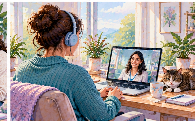 Watercolour illustration of a person attending an online psychology consultation on a laptop