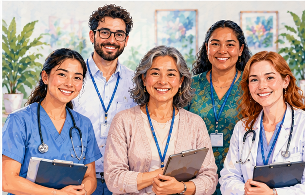 Watercolour illustration of a welcoming multidisciplinary group of health and therapy professionals