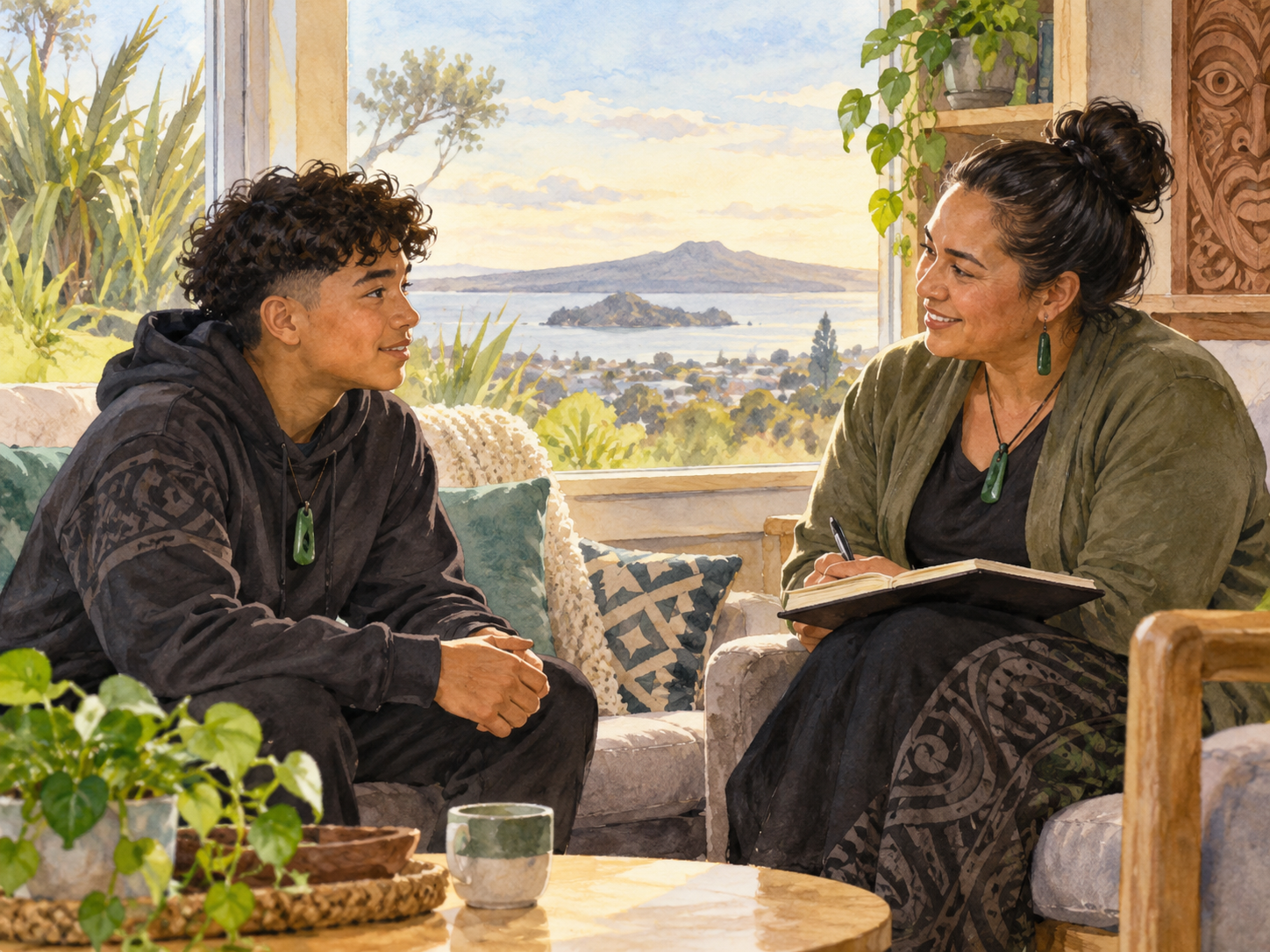 Māori rangatahi speaking with a supportive counsellor in a gentle watercolour scene