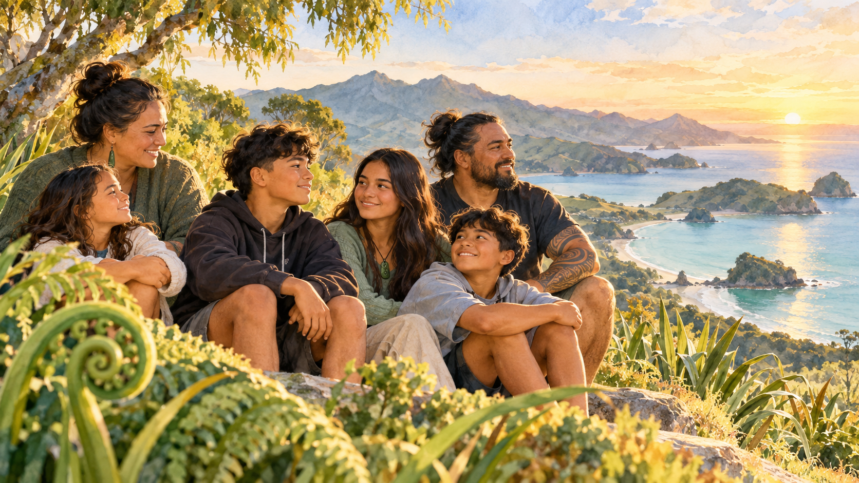 Semi-realistic watercolour of a Māori whānau together overlooking a peaceful Aotearoa coastline