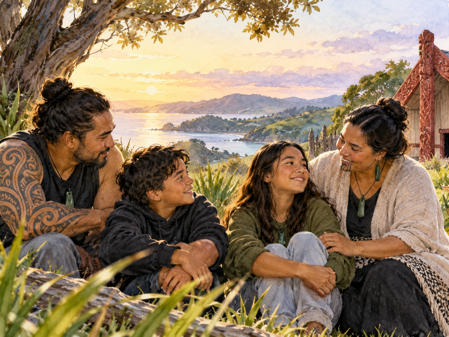 Māori whānau share a warm supportive conversation outdoors
