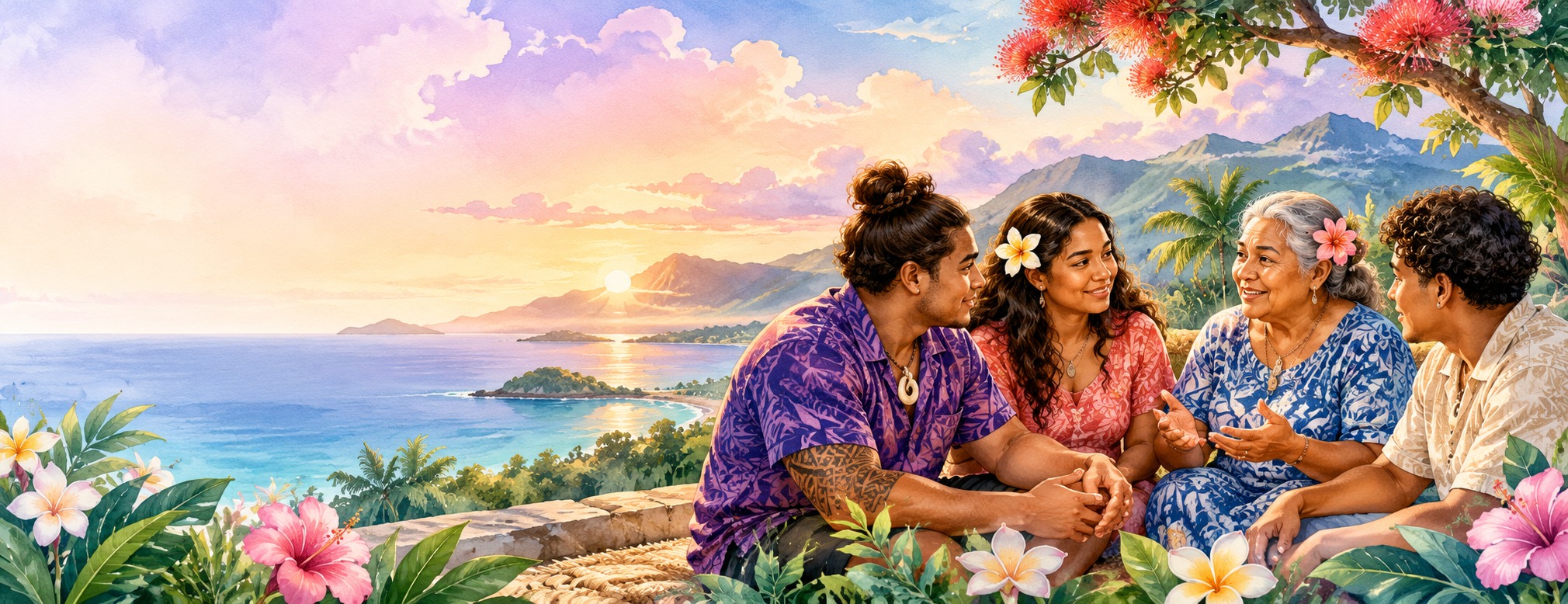 Watercolour illustration of a multigenerational Pasifika family talking together beside a peaceful coast at sunset, surrounded by tropical flowers