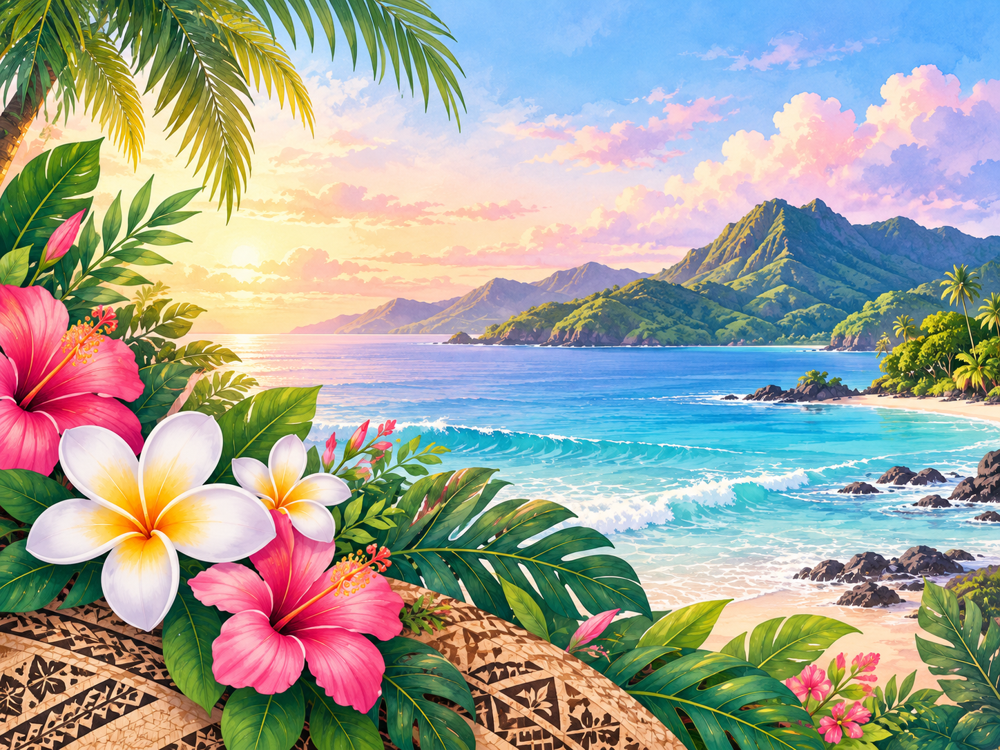 Pastel watercolour of a peaceful Pacific coast with turquoise water, green mountains and hibiscus flowers
